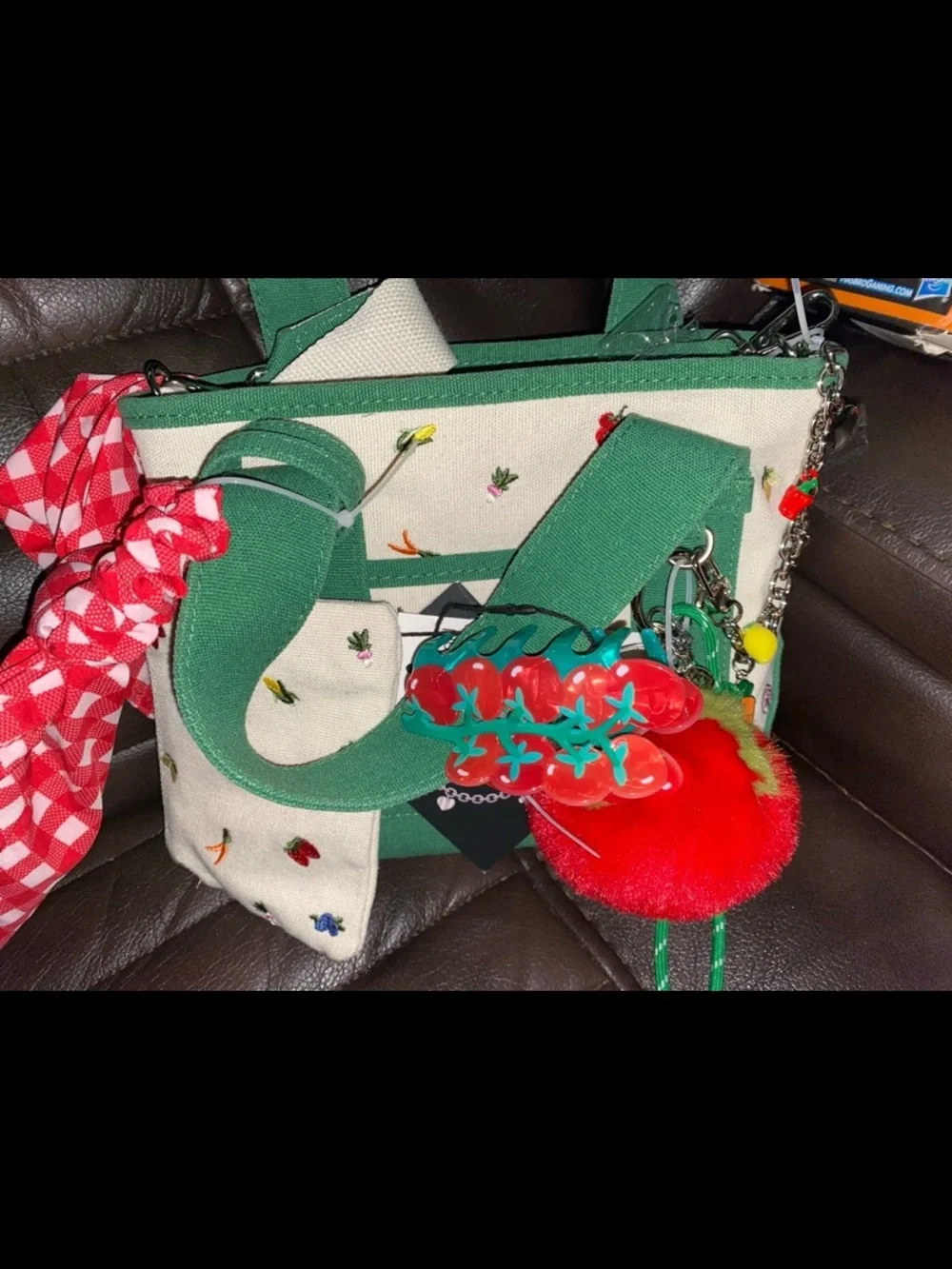 Madden Girl Green and Cream Tote with Red tomatoe Pom & Gingham Scarf scrunchie